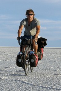 Gareth Collingwood (El Pedalero) riding the Salar de Uyuni, Bolivia